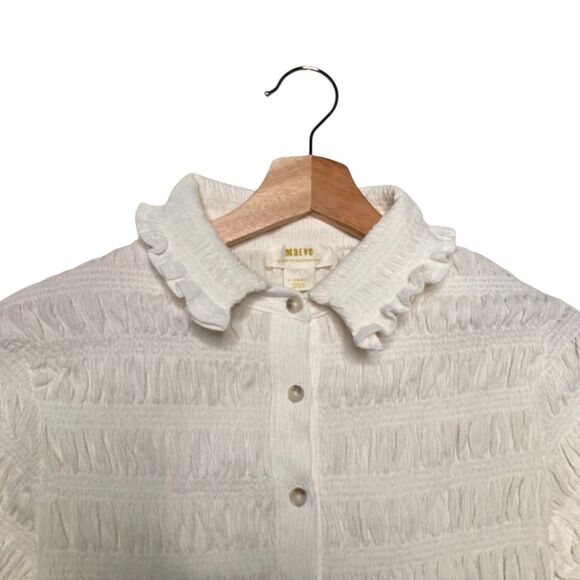 MAEVE Anthropologie Smocked Button Front Top XS Ivory Natural Cottagecore Chic - Picture 7 of 16